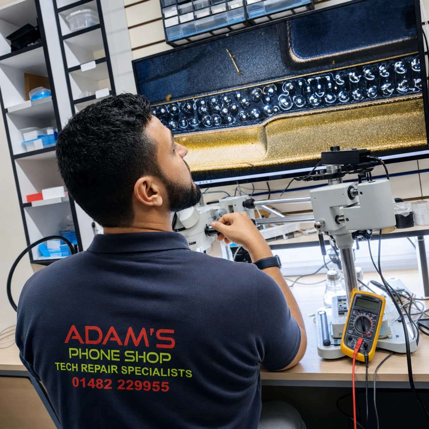 Adam's Phone Shop technician working at the repair bench in Hull