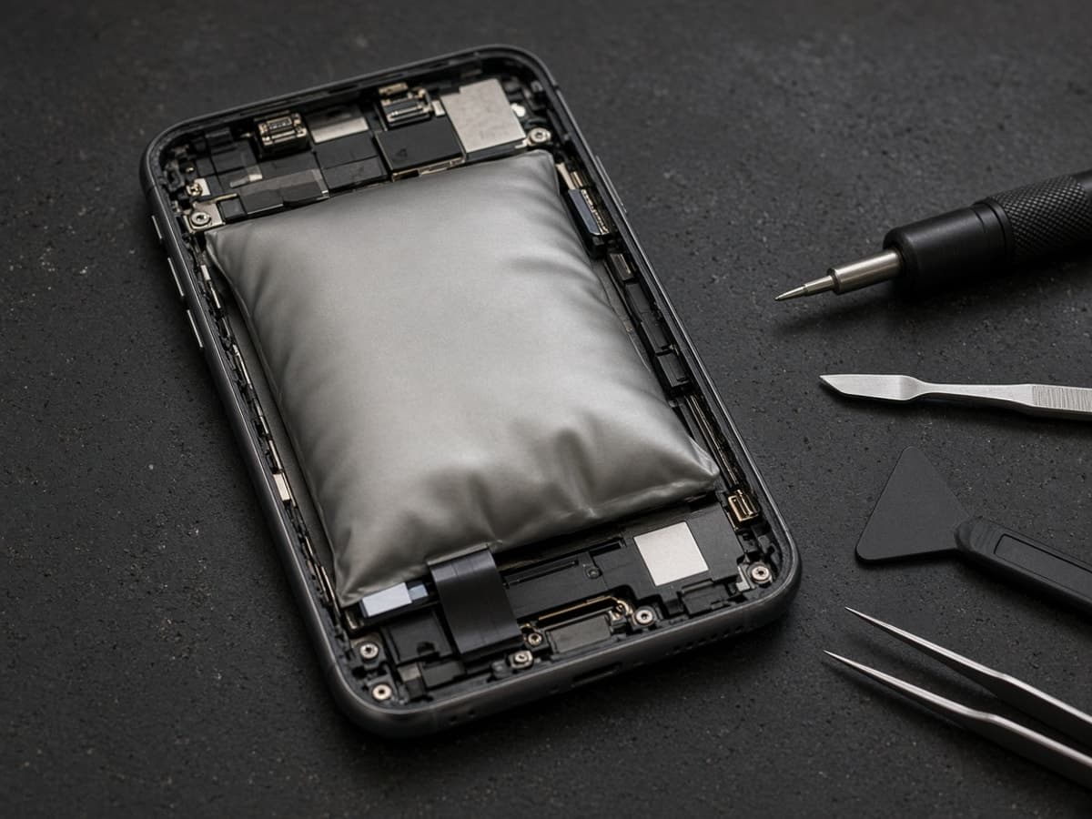 Device with swollen battery before refurbishment
