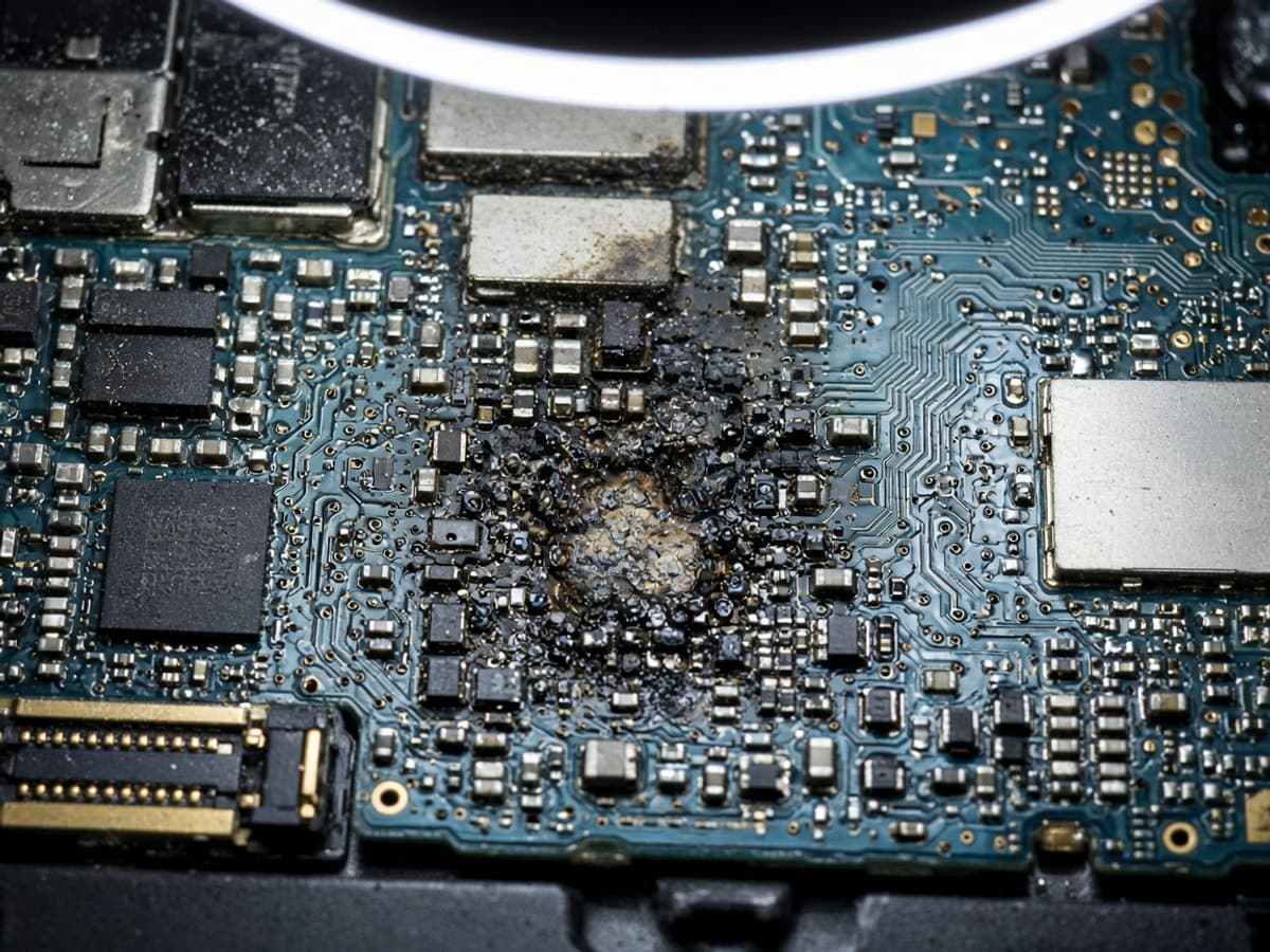 Damaged logic board before microsoldering
