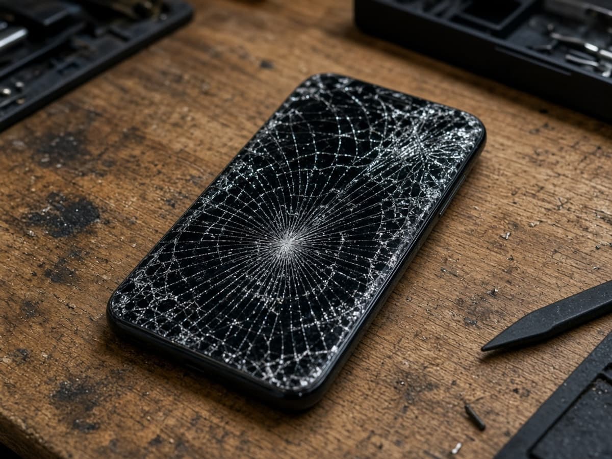 Smartphone with a cracked screen before repair